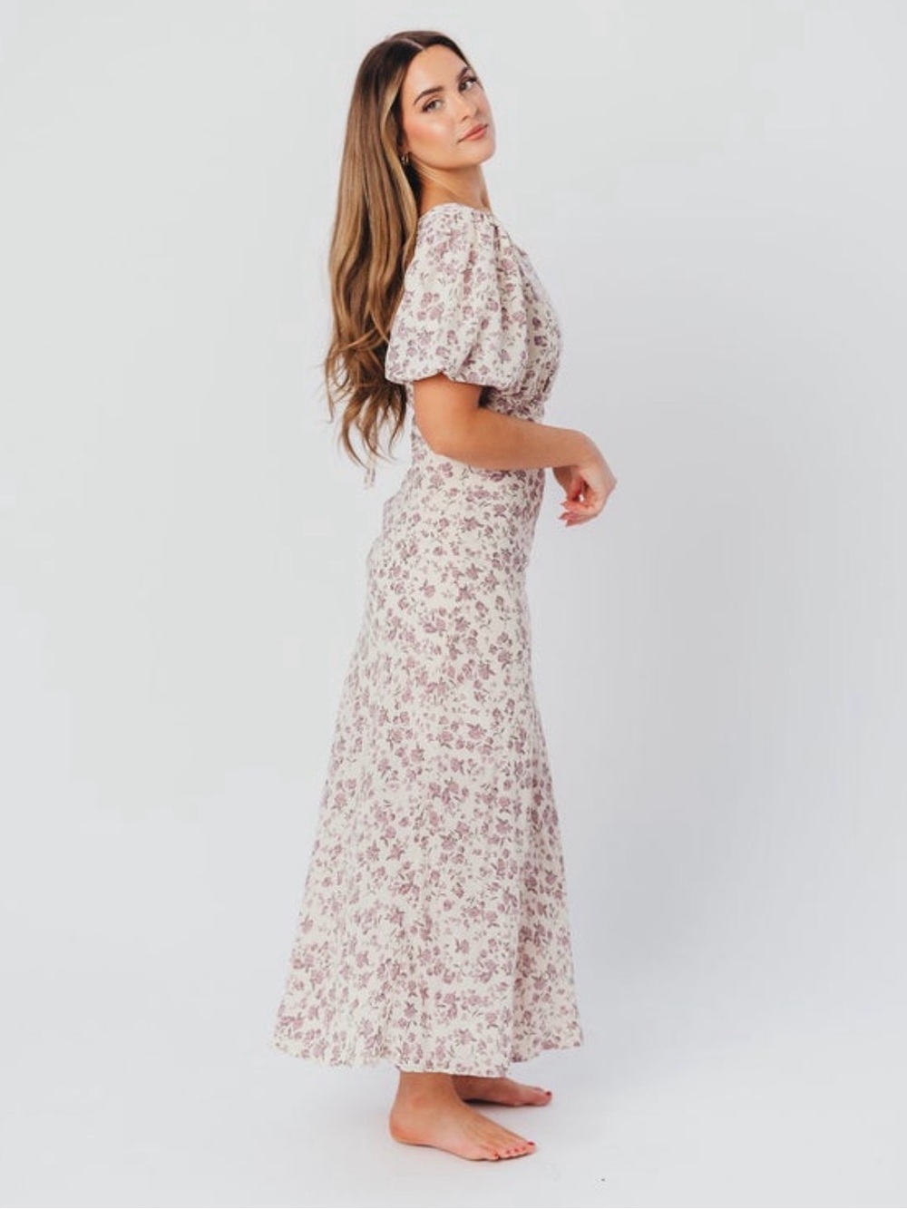 Worth Collective Lucia Puff Sleeve Ivory Maxi Dress with Lavender Floral Print